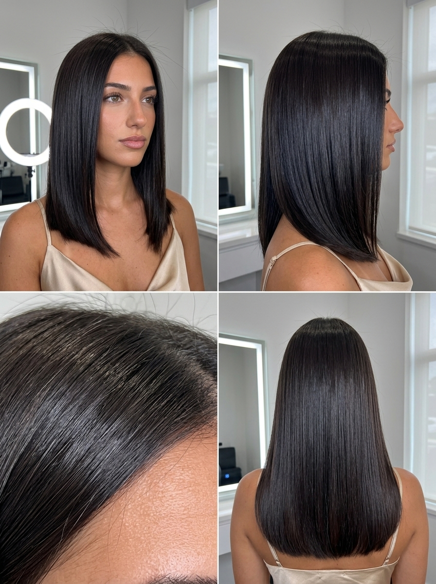 deep espresso brown all-over gloss with blue-black undertones, mirror shine, no fringe — luxe summer style