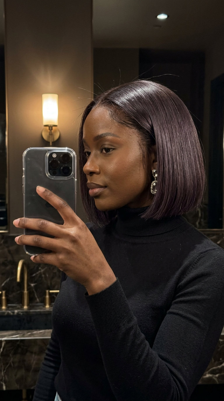 chin-length espresso brown bob with violet undertones, razor-cut ends, natural hair for summer 2026
