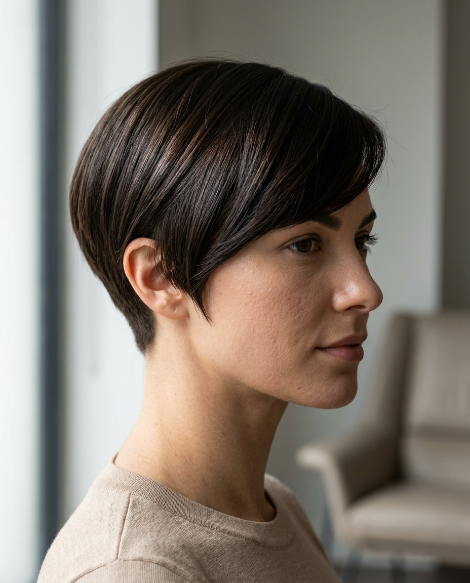 Espresso Architect Pixie 2026: Professional Style very short espresso brown pixie haircut with blunt fringe and architectural shape for summer
