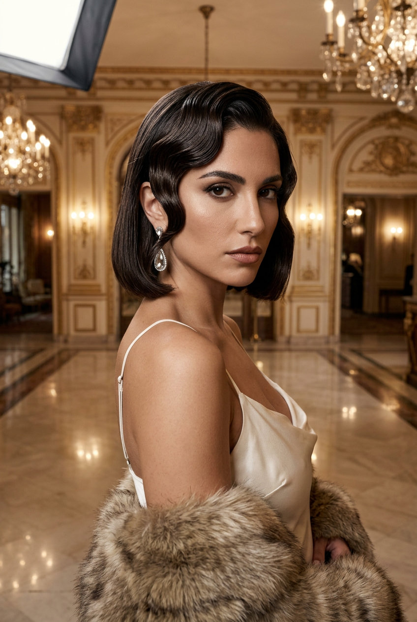 Baroque Bob: Retro Summer 2026 chin-length blunt bob with rich espresso brunette and high-gloss finish, no layers — retro glamorous look