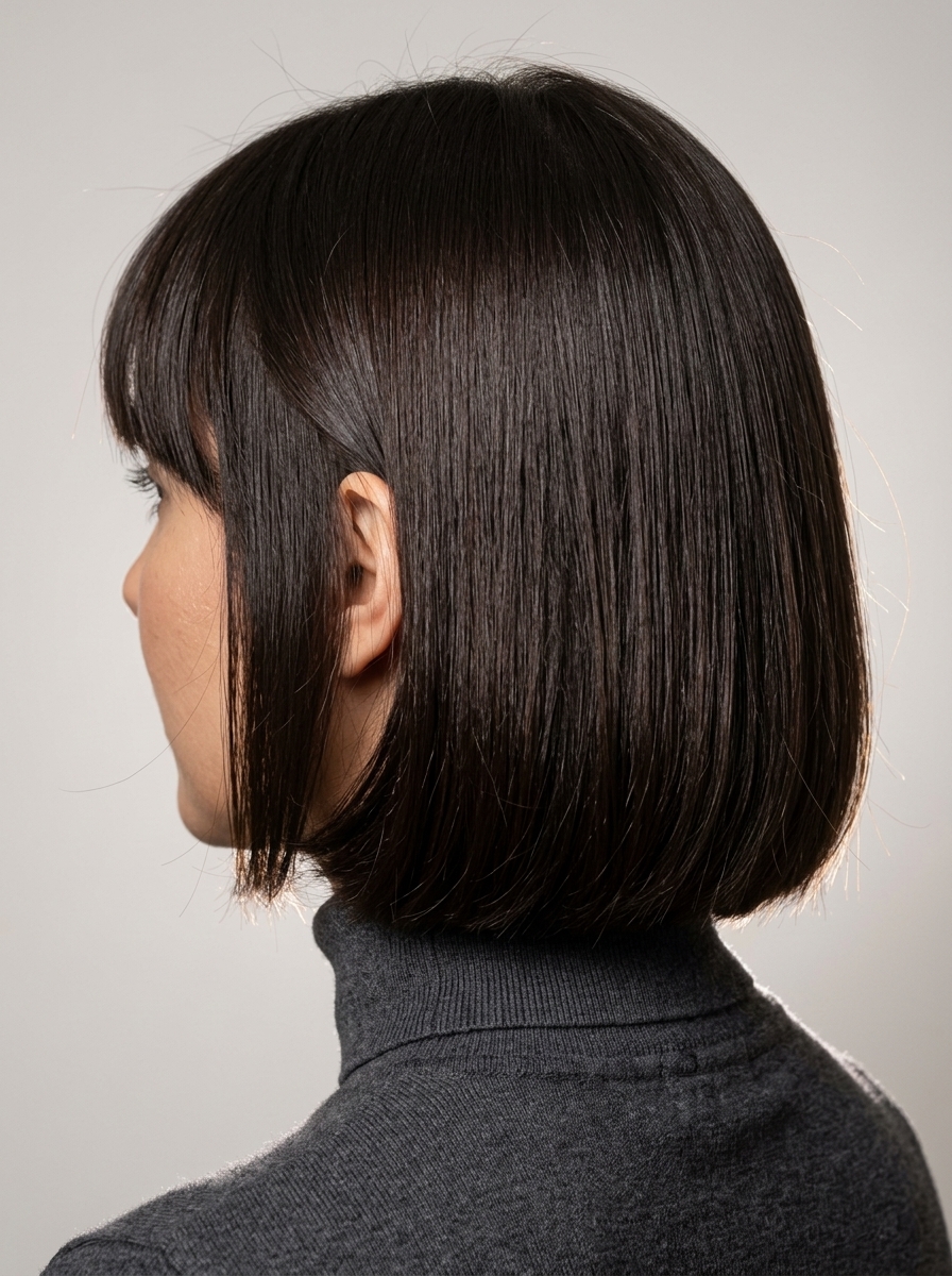 chin-length italian bob with espresso brunette hair, blunt perimeter, and full blunt bangs for professional events