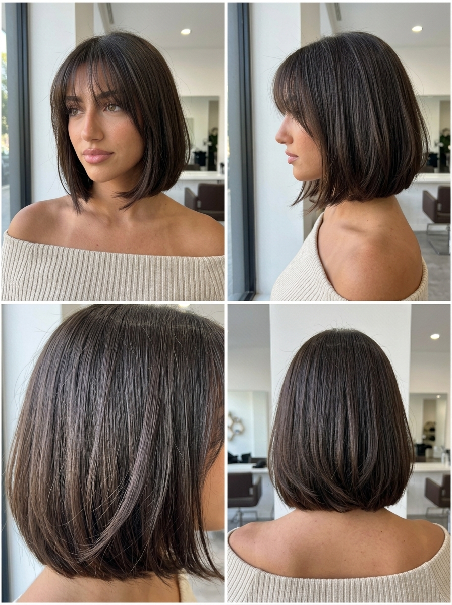 Chic Parisian Bob 2026 chin-length espresso brunette french bob haircut with see-through wispy bangs for chic summer