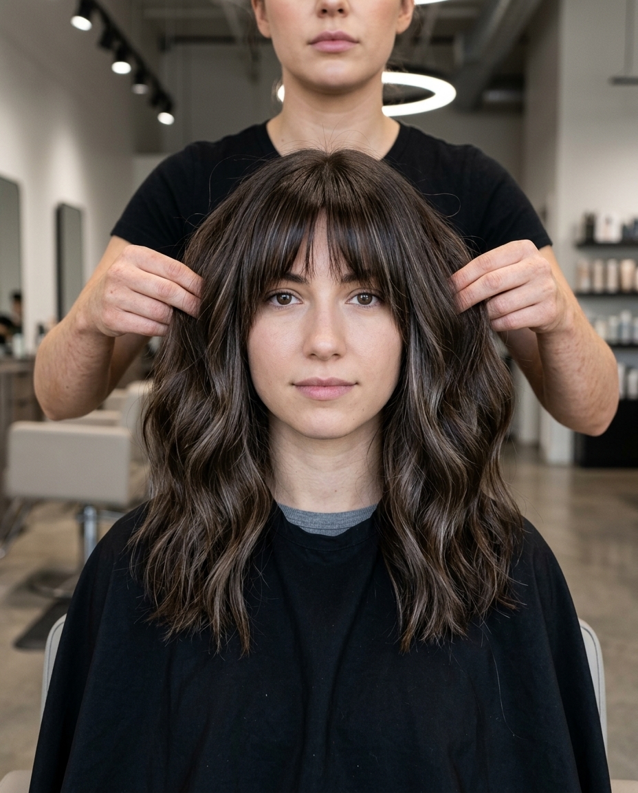 Espresso Brunette Wavy Shag with Bottleneck Bangs 2026 collarbone wavy shag haircut with espresso brunette, ash highlights, bottleneck bangs — sophisticated chic