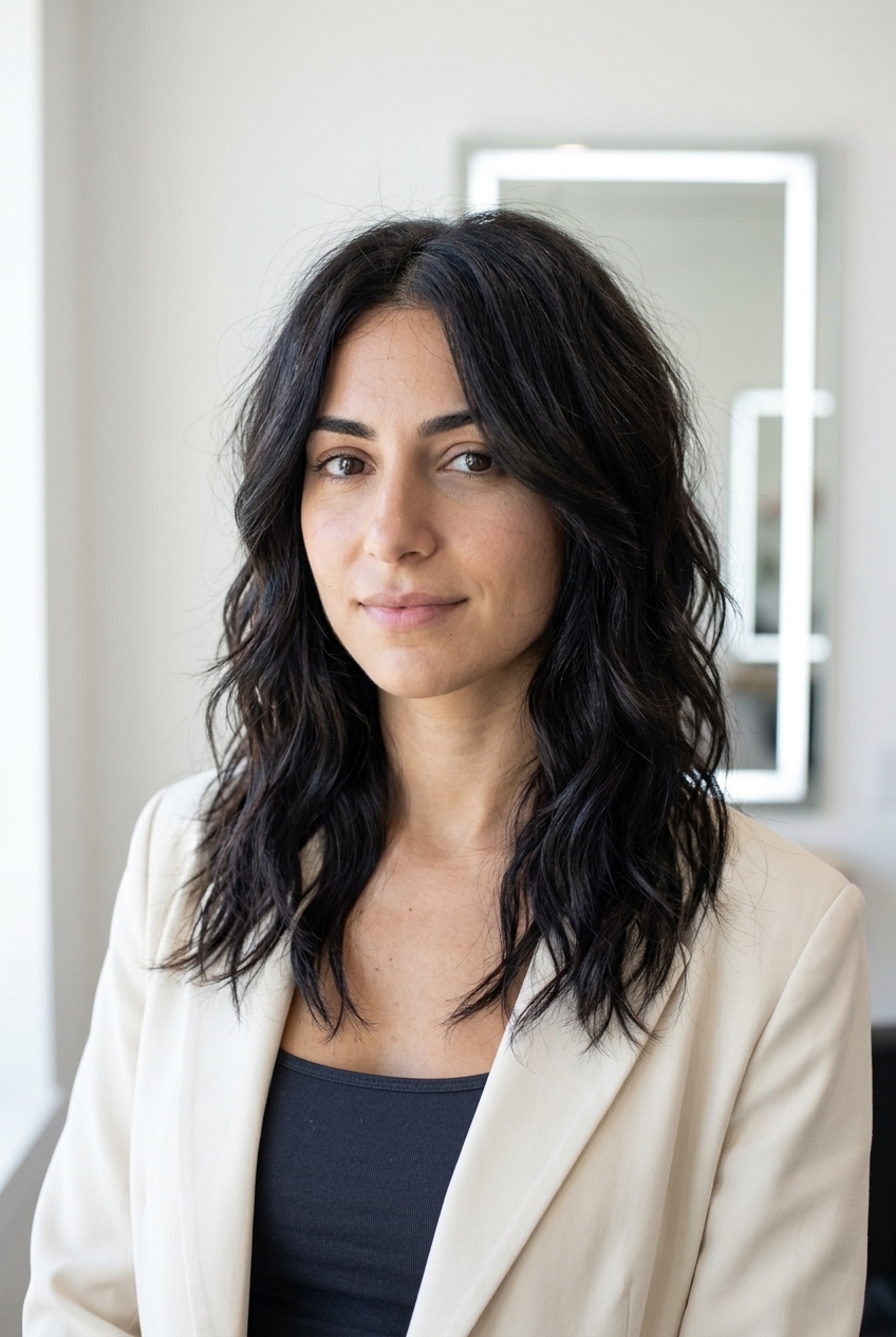 Grunge Revival Shag 2026: Edgy Espresso collarbone-length wavy shag haircut with deep espresso & cool ash, point-cut textured ends, no bangs — edgy & retro