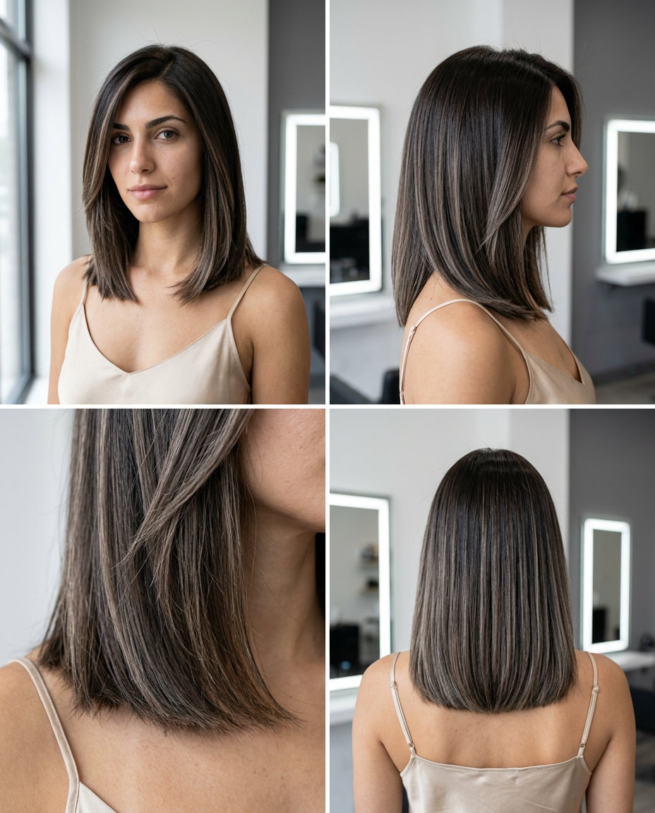collarbone length espresso brunette lob with ash babylights and deep side part for summer 2026