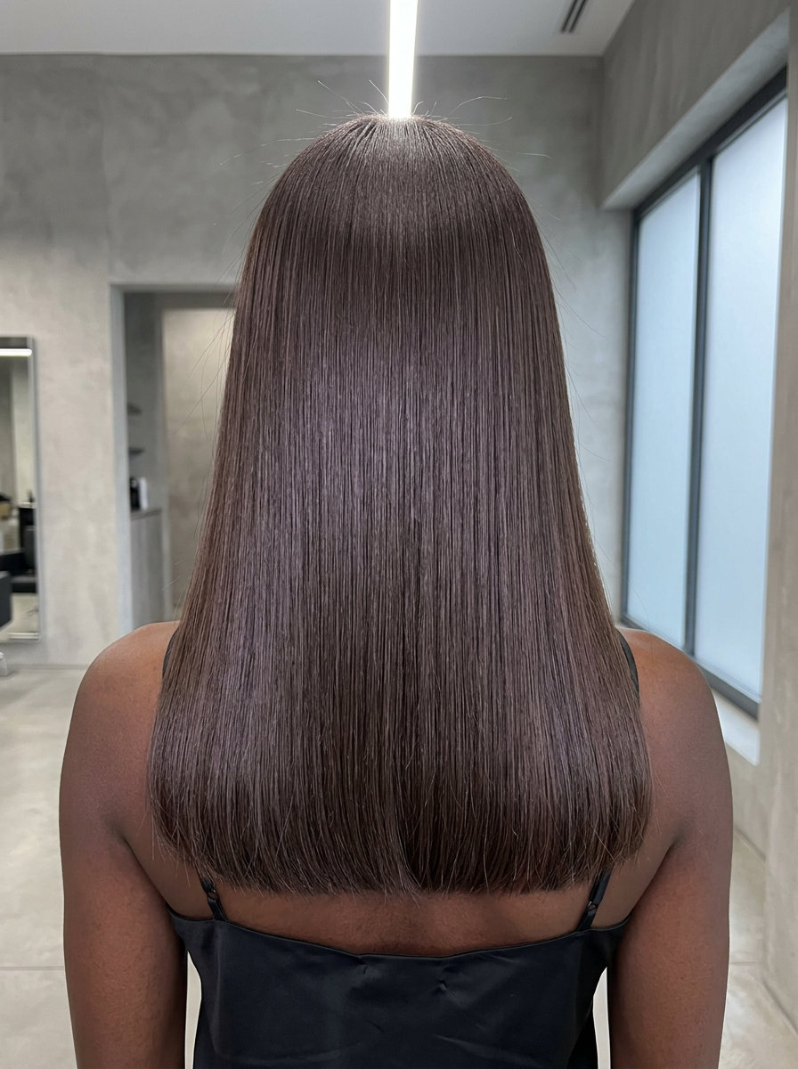 long espresso brunette haircut with violet glaze and razor-cut blunt ends for summer 2026