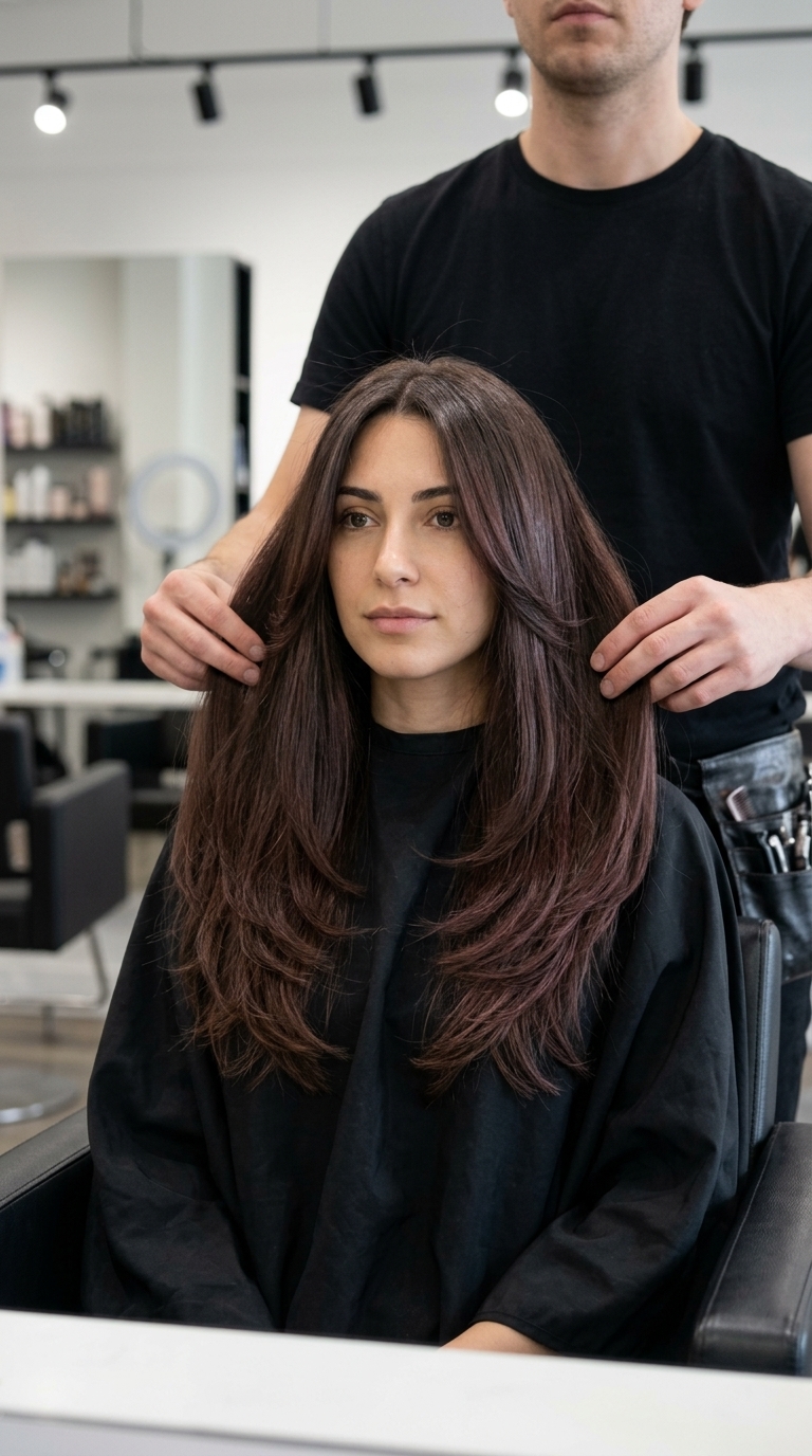 Velvet Cherry Waves: Sophisticated Summer Hair 2026 Espresso brunette long layered hair with subtle cherry lowlights for summer