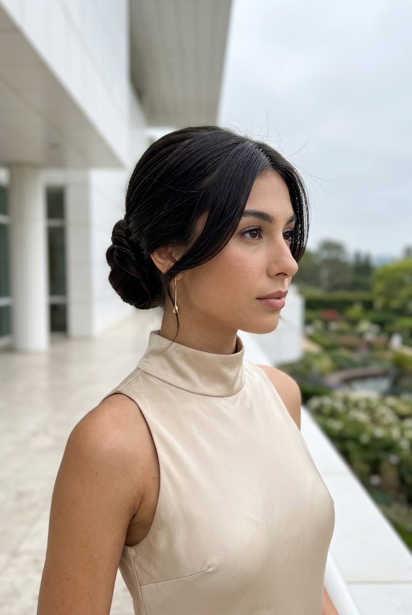 Sculpted Espresso Brunette Updo for Weddings 2026 long one-length haircut in espresso roast brunette, sculpted low chignon — sophisticated wedding guest