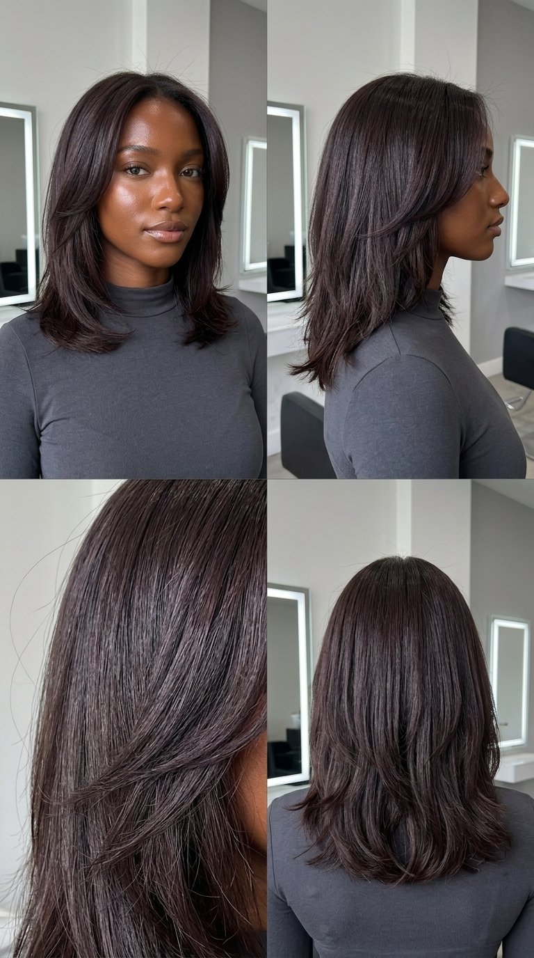 long espresso brunette hair with cool violet undertones, demi-permanent gloss, no fringe — playful chic look