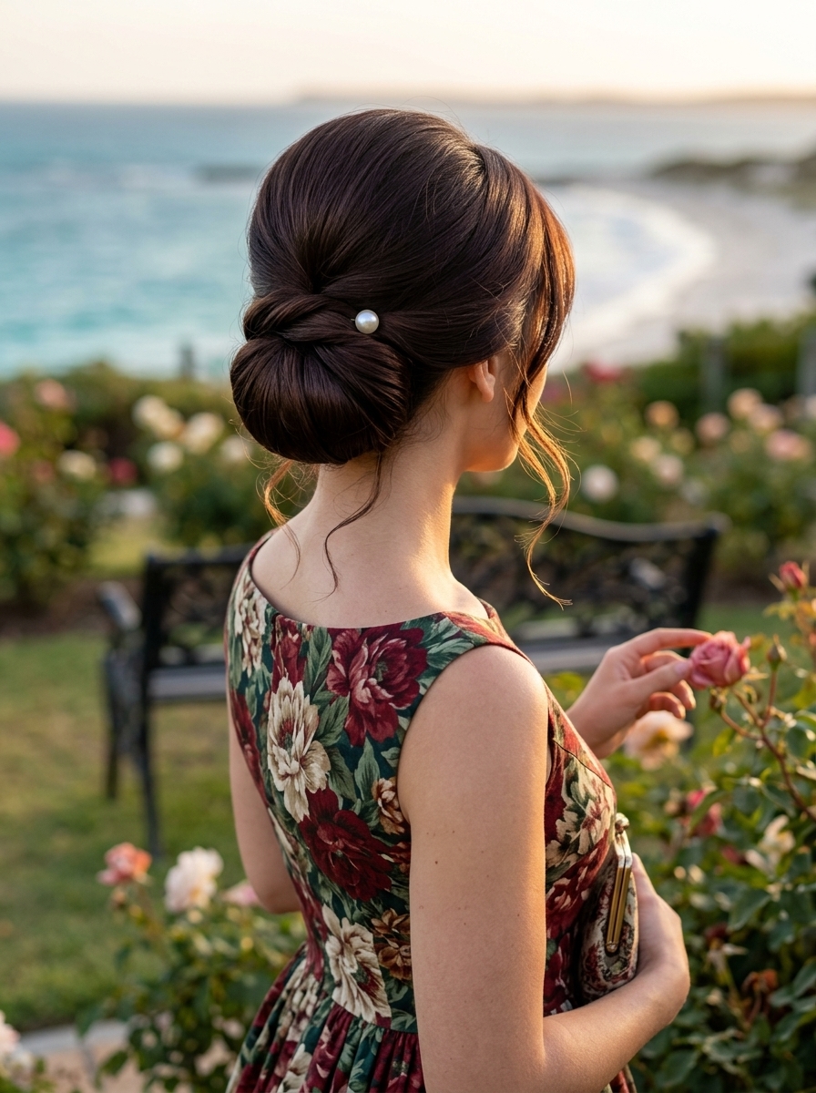 Retro Espresso Brunette Slicked Back Bun 2026 low slicked back bun with espresso brunette, sculpted shape, for formal event