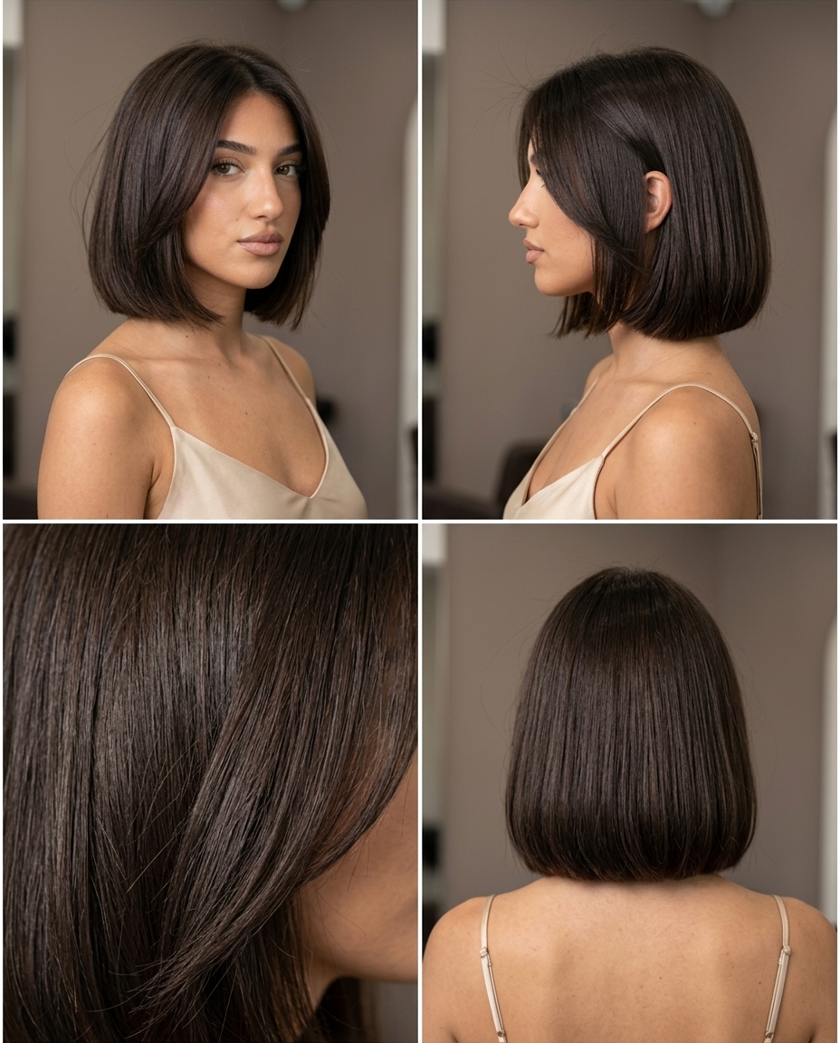 Chocolate Glaze Sleek Bob 2026 short italian bob haircut with espresso brunette, blunt cut polished ends for sophisticated elegant
