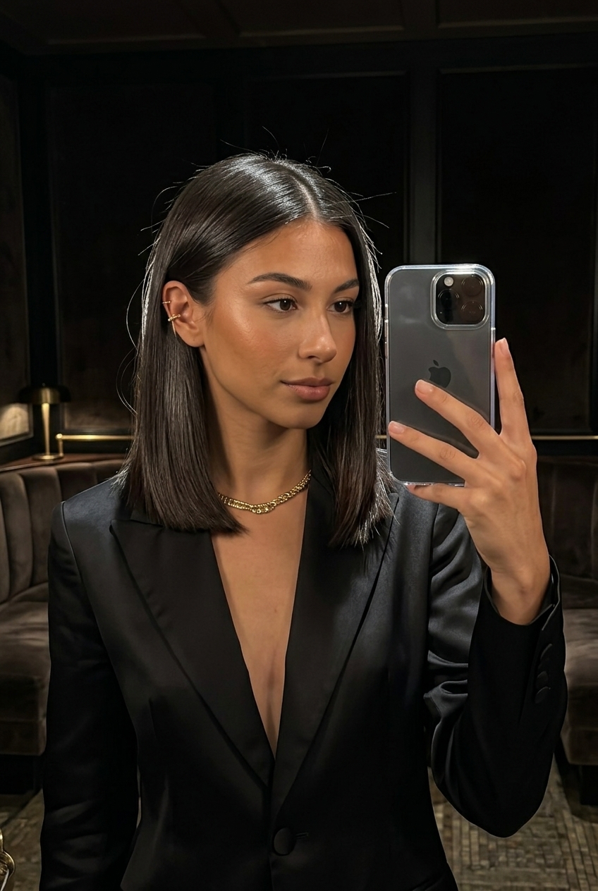 Sleek Espresso Lob 2026: Sophisticated Style shoulder-length blunt lob with deep espresso brunette, razor-sharp perimeter, no bangs — chic professional
