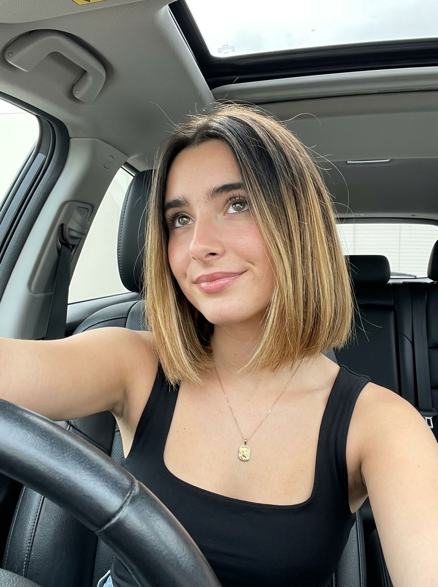 chin-length graphic ombré bob haircut with blunt perimeter and center part for professional look