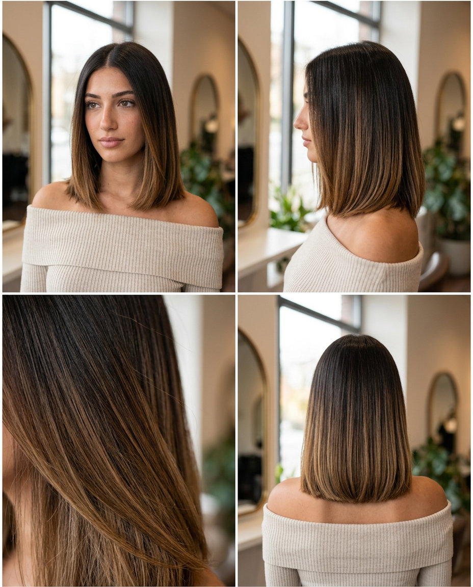 medium blunt lob haircut with espresso to caramel ombré for summer 2026