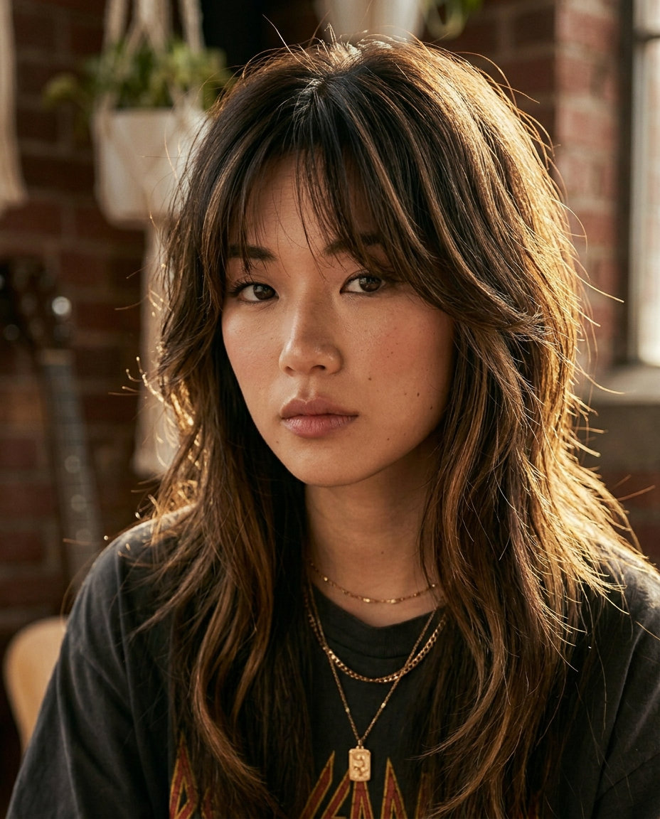 Boho Shag with Caramel Ribbons & Wispy Bangs mid-length shag haircut in rich espresso with caramel ribbons, choppy layers, wispy bangs for boho