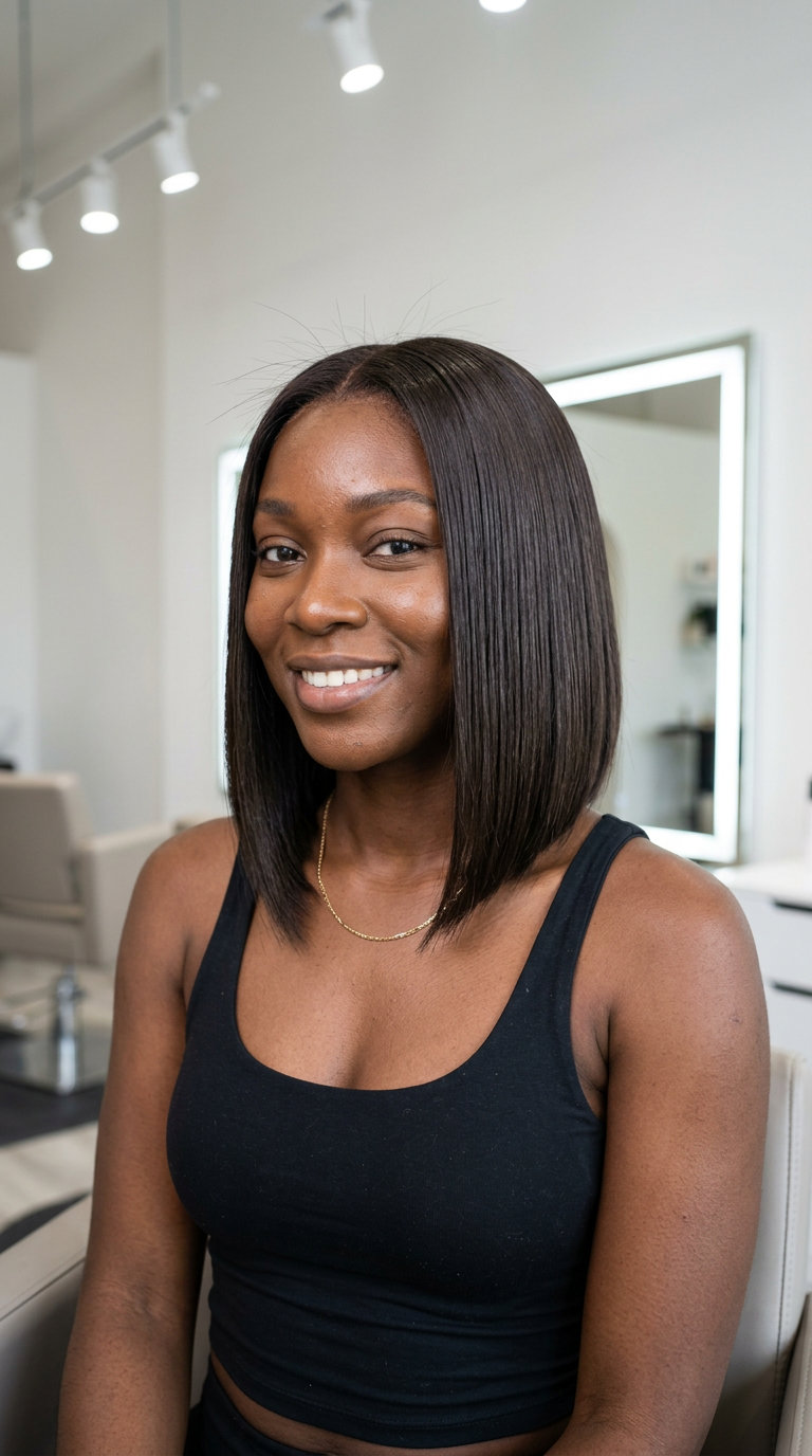 chin-length deep espresso bob with blunt edges and A-line angle for round faces