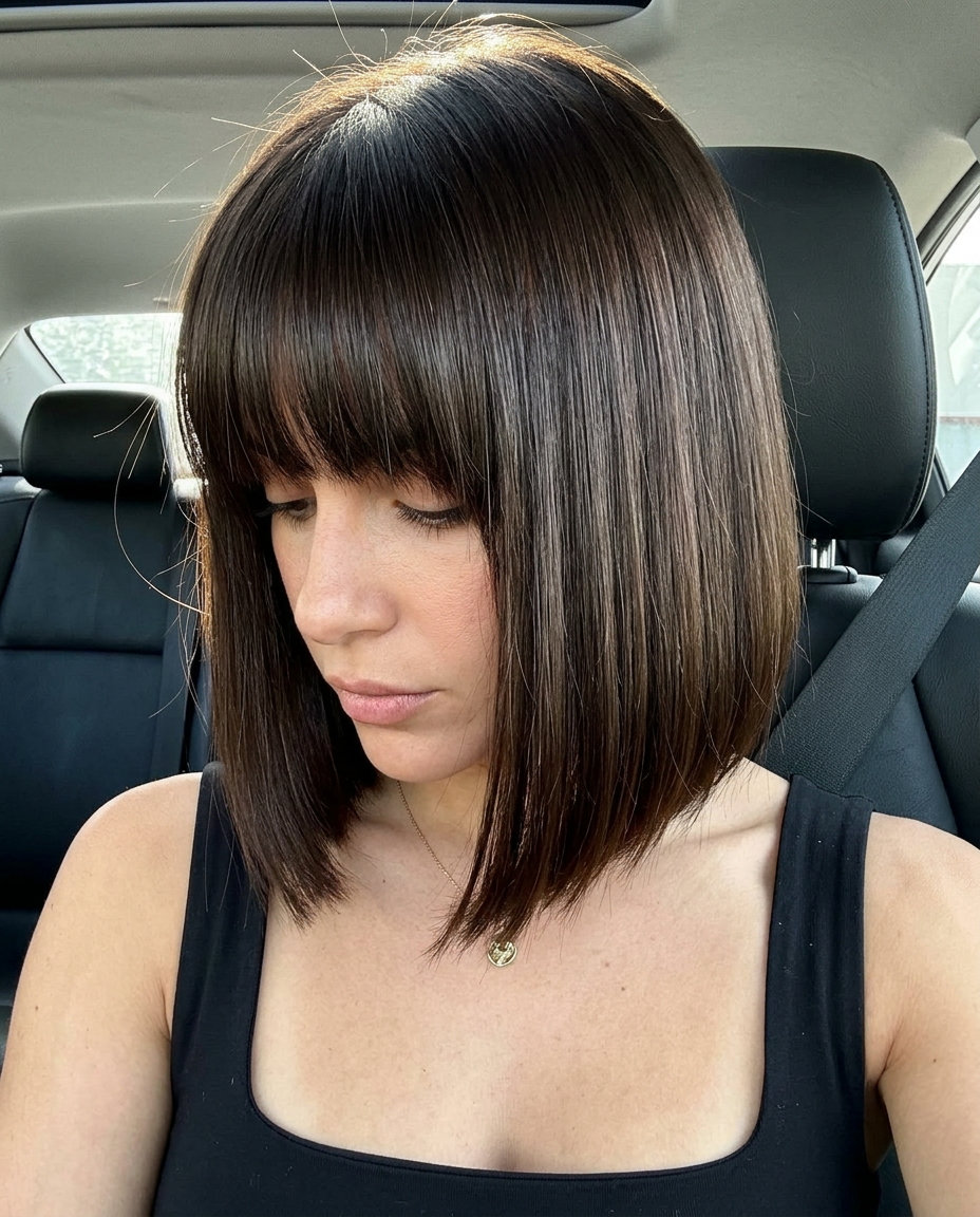 chin-length blunt bob with glossy espresso brown hair, sharp perimeter, and blunt micro-fringe for professional events