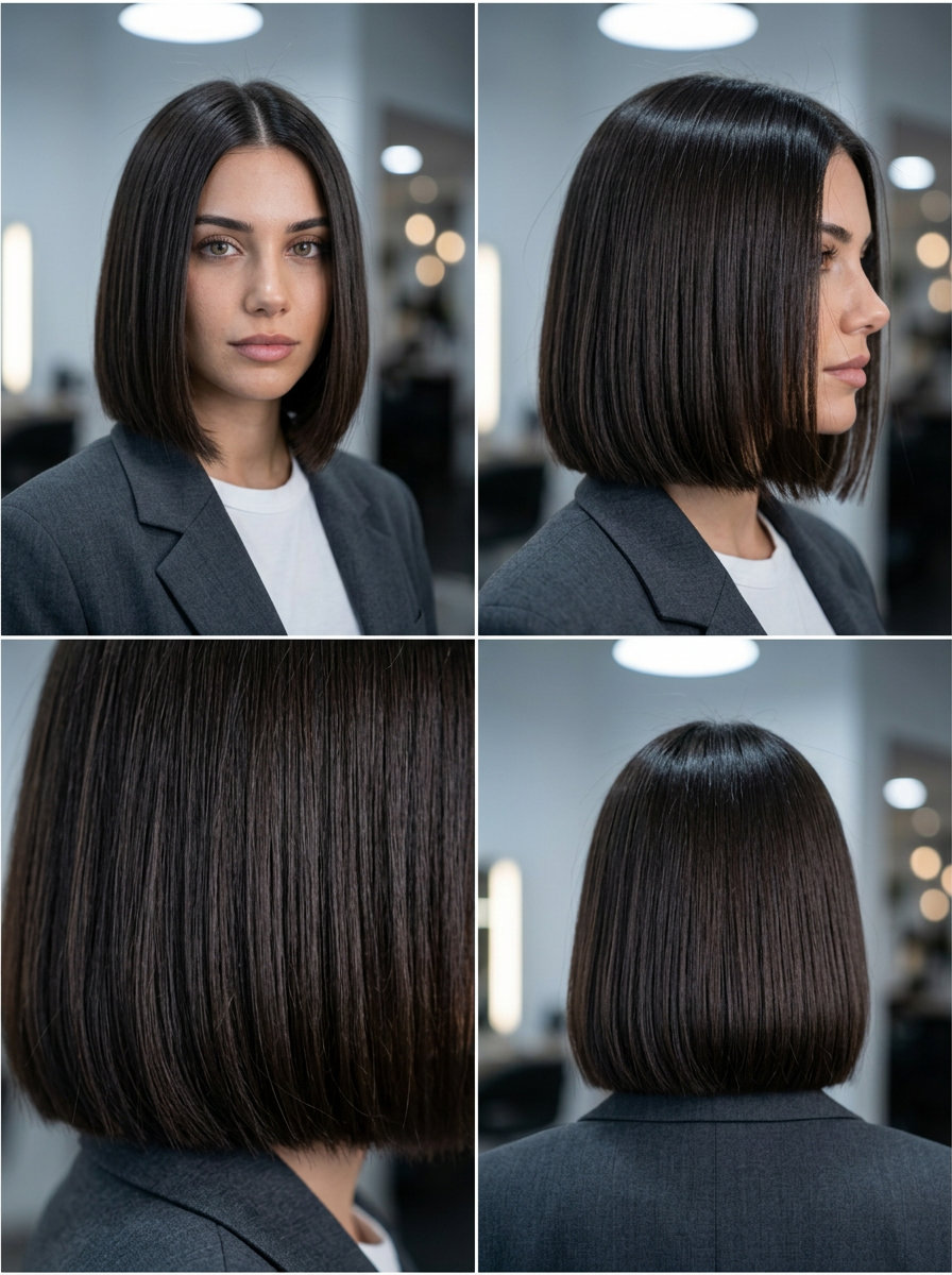 Sleek Espresso Brunette Bob 2026 chin-length deep espresso brunette bob with blunt perimeter and middle part for sleek look