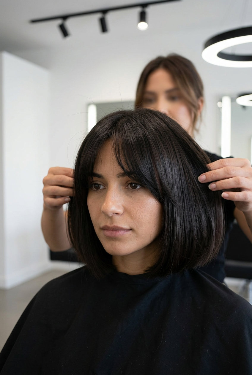 chin-length blunt bob with espresso glaze brunette, blunt perimeter, brow-grazing fringe — sophisticated professional