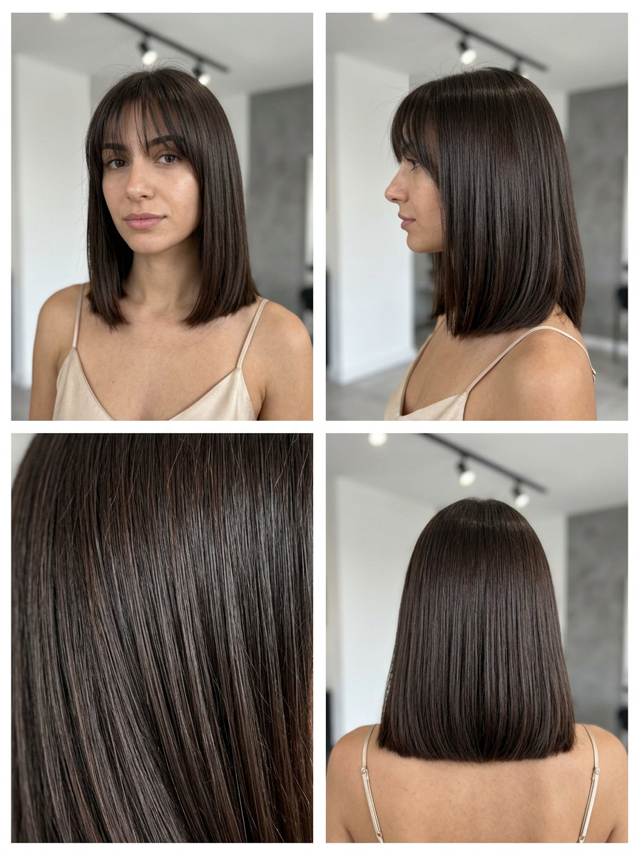 Deep Espresso Bob with Wispy Bangs 2026 collarbone-length blunt bob with deep espresso brunette, wispy bangs, and gloss finish for summer 2026