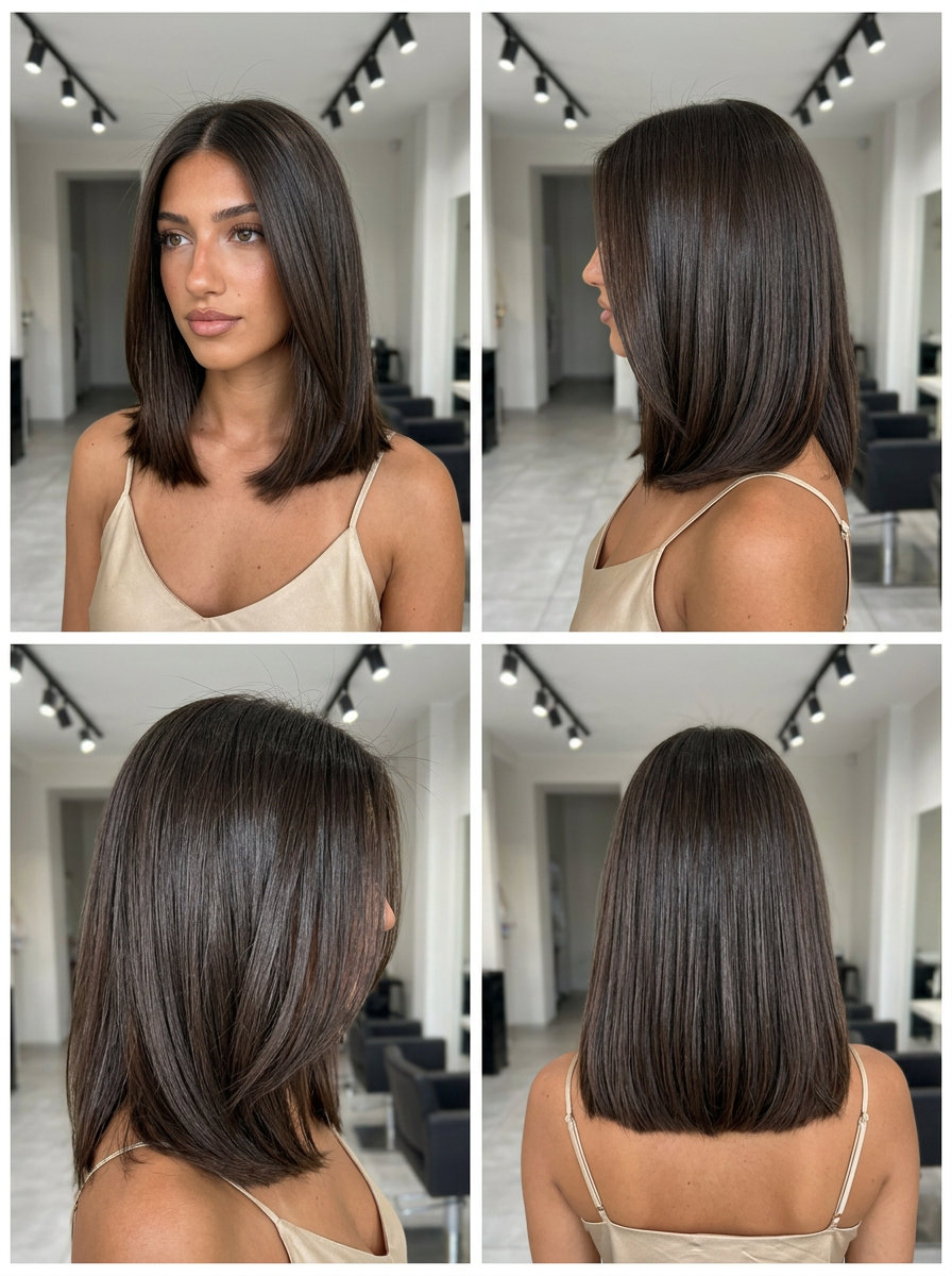 collarbone espresso lob with cool shimmer, blunt cut, center part — sophisticated polished look