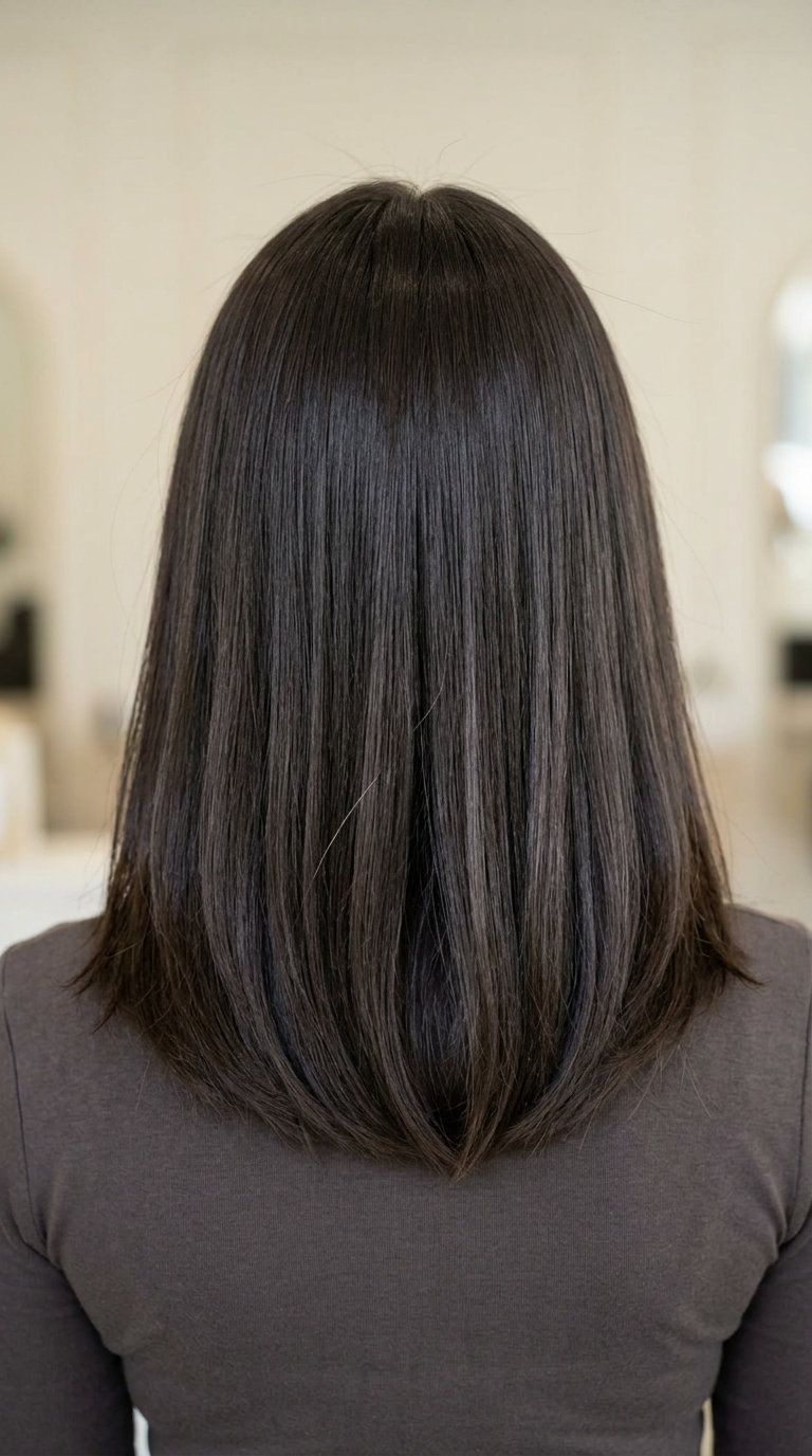 collarbone-length lob haircut in deep cool espresso brown with high gloss finish, point-cut ends — sophisticated professional look