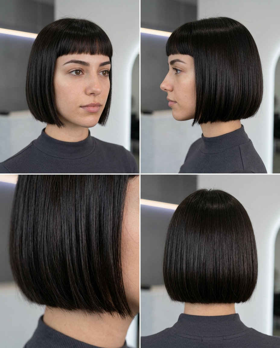 chin-length bob haircut with espresso glaze, baby bangs — bold and edgy