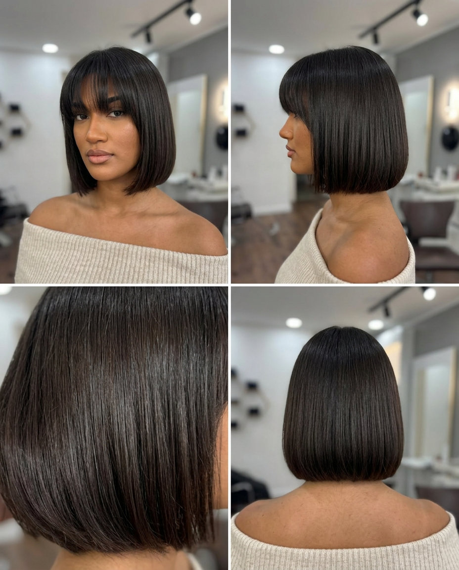 chin-length bob haircut with espresso glaze, heavy fringe — sophisticated and chic