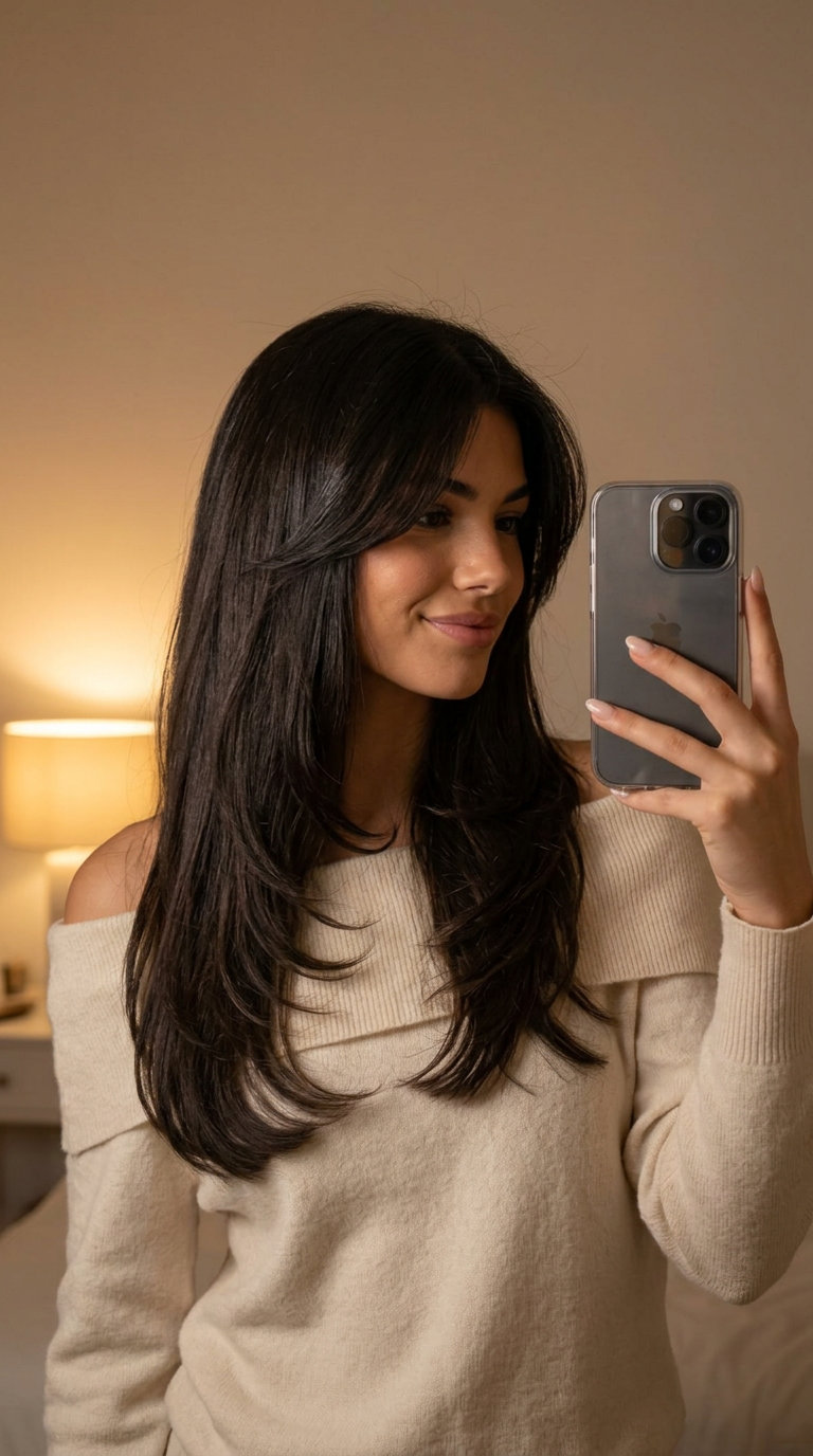 long layered haircut with espresso glaze, face-framing bangs — elegant and sophisticated