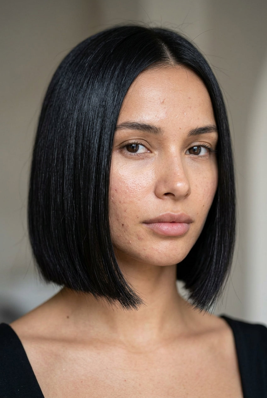 jaw-length espresso bob haircut with blunt perimeter and subtle A-line for office