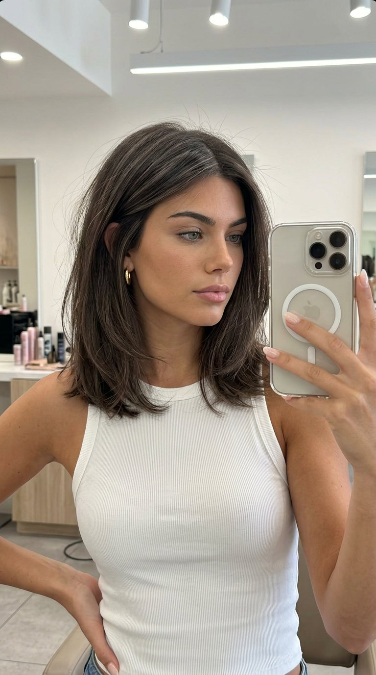 collarbone-length lob haircut in espresso brown with cool ash babylights, soft internal layers, face-framing pieces — effortless chic look