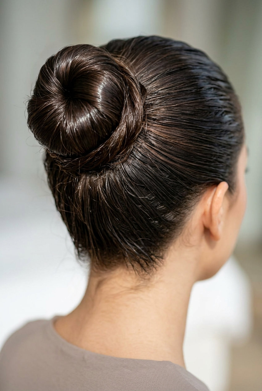 Hydro-Chic Espresso Bun 2026 long rich espresso bun with deep cherry cola tones, slicked back, no fringe — modern