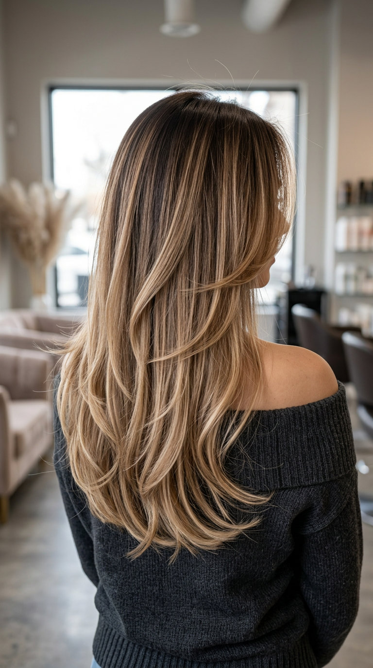 Caramel Swirl Layers: Dimensional Summer Hair Color 2026 long espresso with caramel and vanilla blonde balayage on layered hair for summer