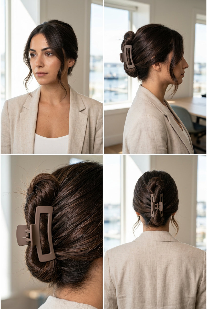 Chic Espresso Claw Clip Updo 2026 long espresso roast updo with deep brown and high-gloss finish, sculptural twist, face-framing pieces — minimalist