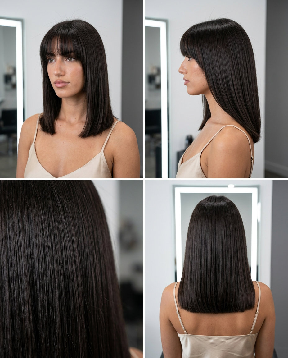 medium blunt midi haircut in deep espresso brunette with blunt bangs for summer 2026