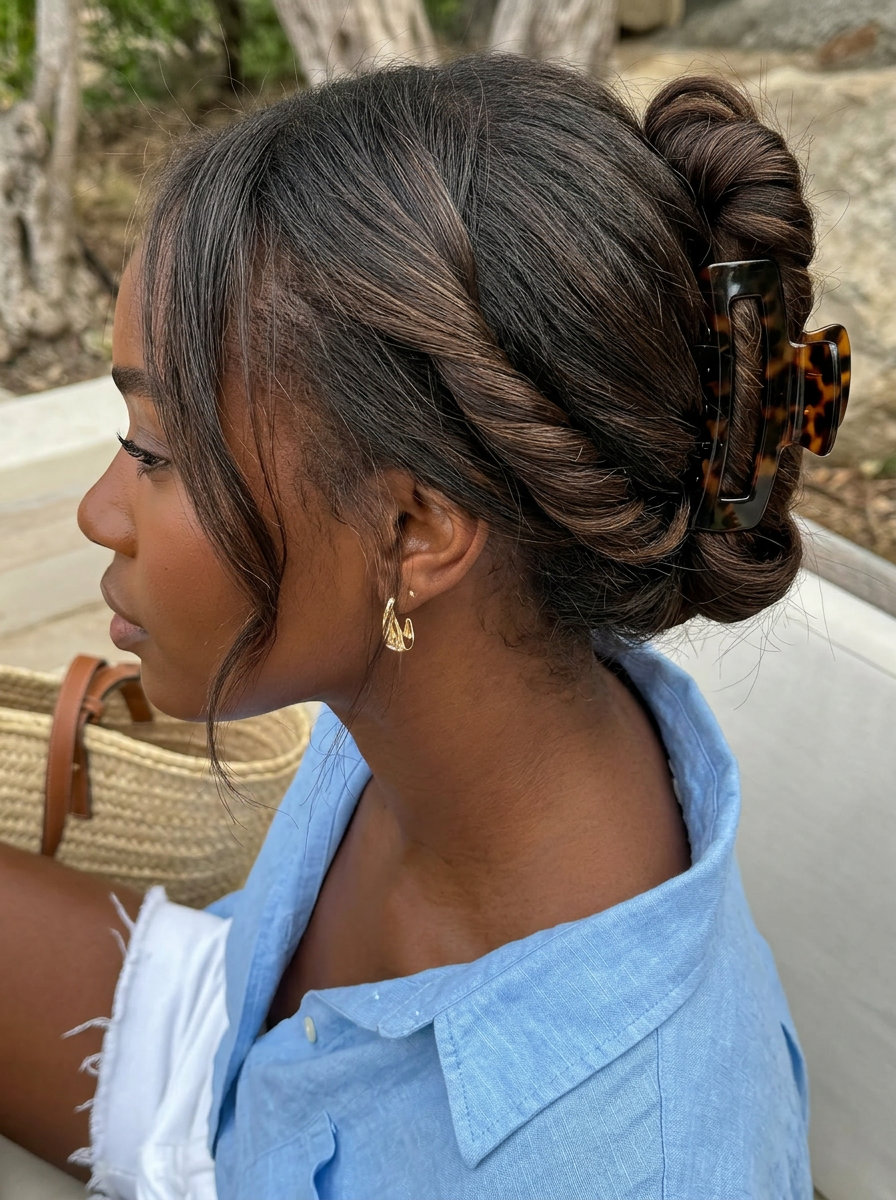 Chic Espresso Claw Clip Twist Hairstyle 2026 medium espresso claw clip twist with deep chocolate tones, effortless style for summer 2026