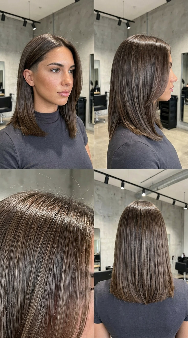 medium espresso martini haircut with cool ash brown, babylights and undercut, no bangs — edgy weekend look