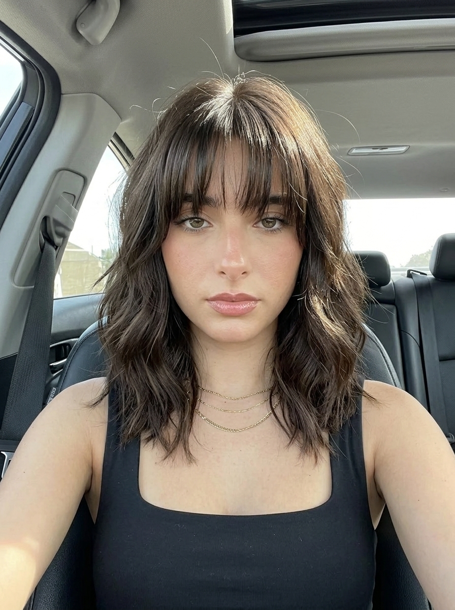 Bold Wavy Summer Shag 2026 mid-length wavy shag haircut with espresso brunette color and dense bangs for edgy look