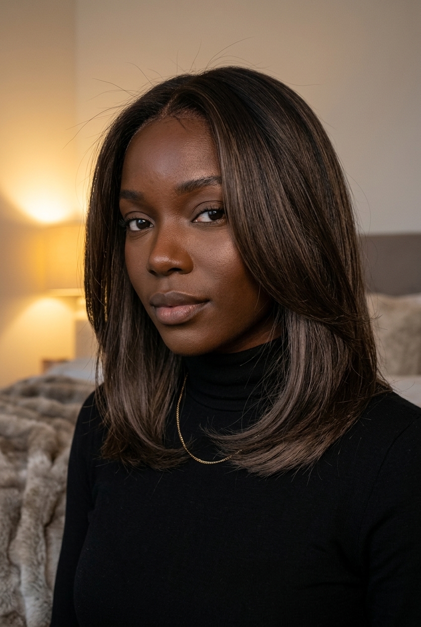 cool espresso brown reverse balayage with ash brown underlayer, subtle contrast, no fringe — sophisticated summer style