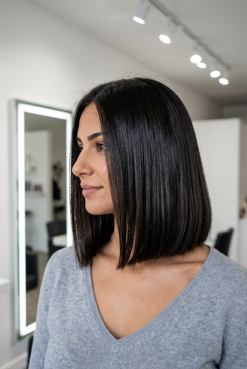 medium blunt cut lob haircut with espresso roast brunette color for summer