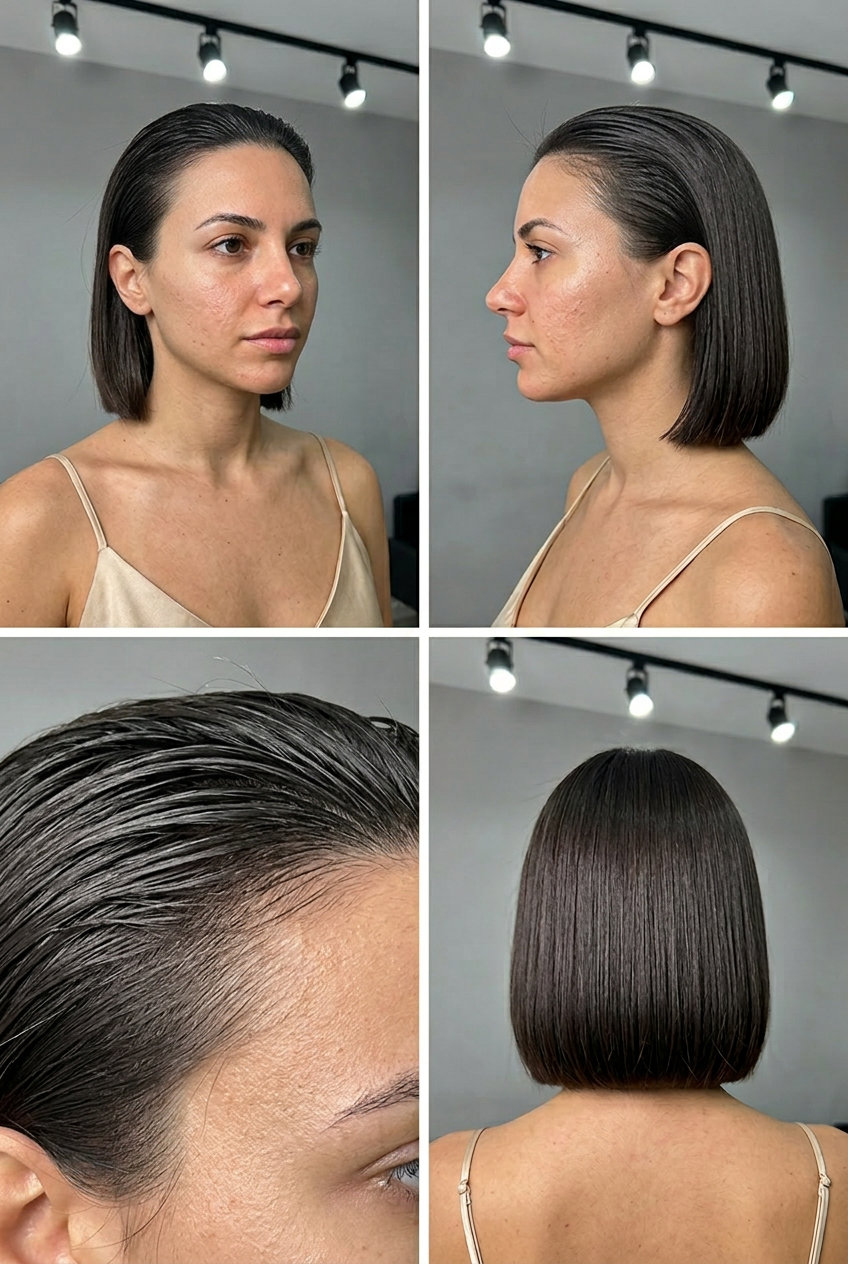 Sleek Espresso Bob for Thin Fine Hair 2026 short espresso martini brunette bob with blunt cut and slicked back style for summer 2026