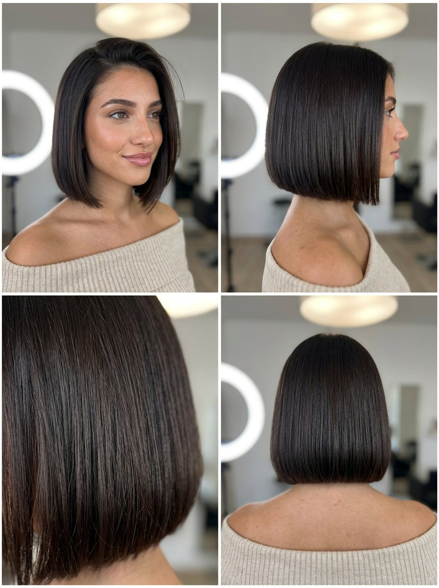 short espresso brunette blunt bob with high gloss finish, architectural cut, no fringe — edgy evening event