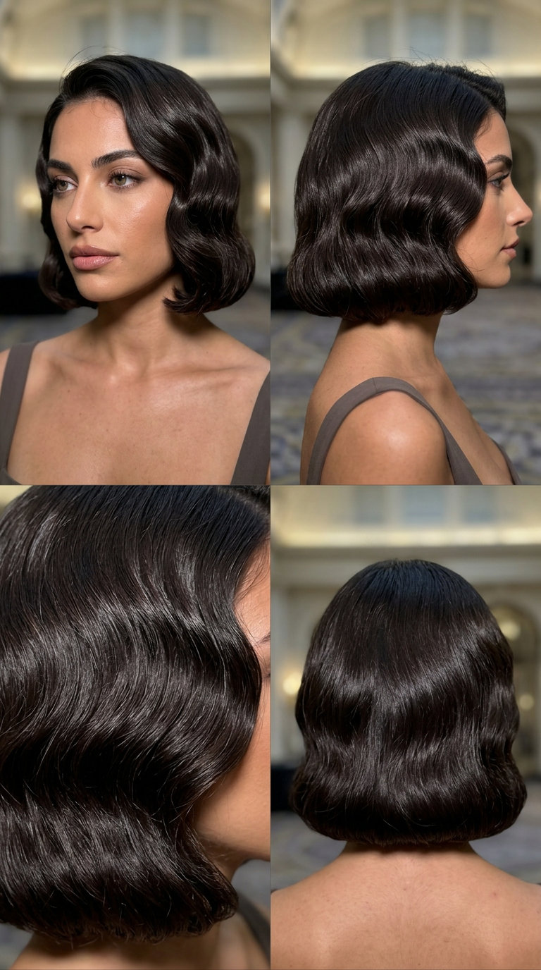 Espresso Finger Wave Bob 2026 short espresso roast brunette finger wave bob with high-gloss finish for summer wedding guest 2026
