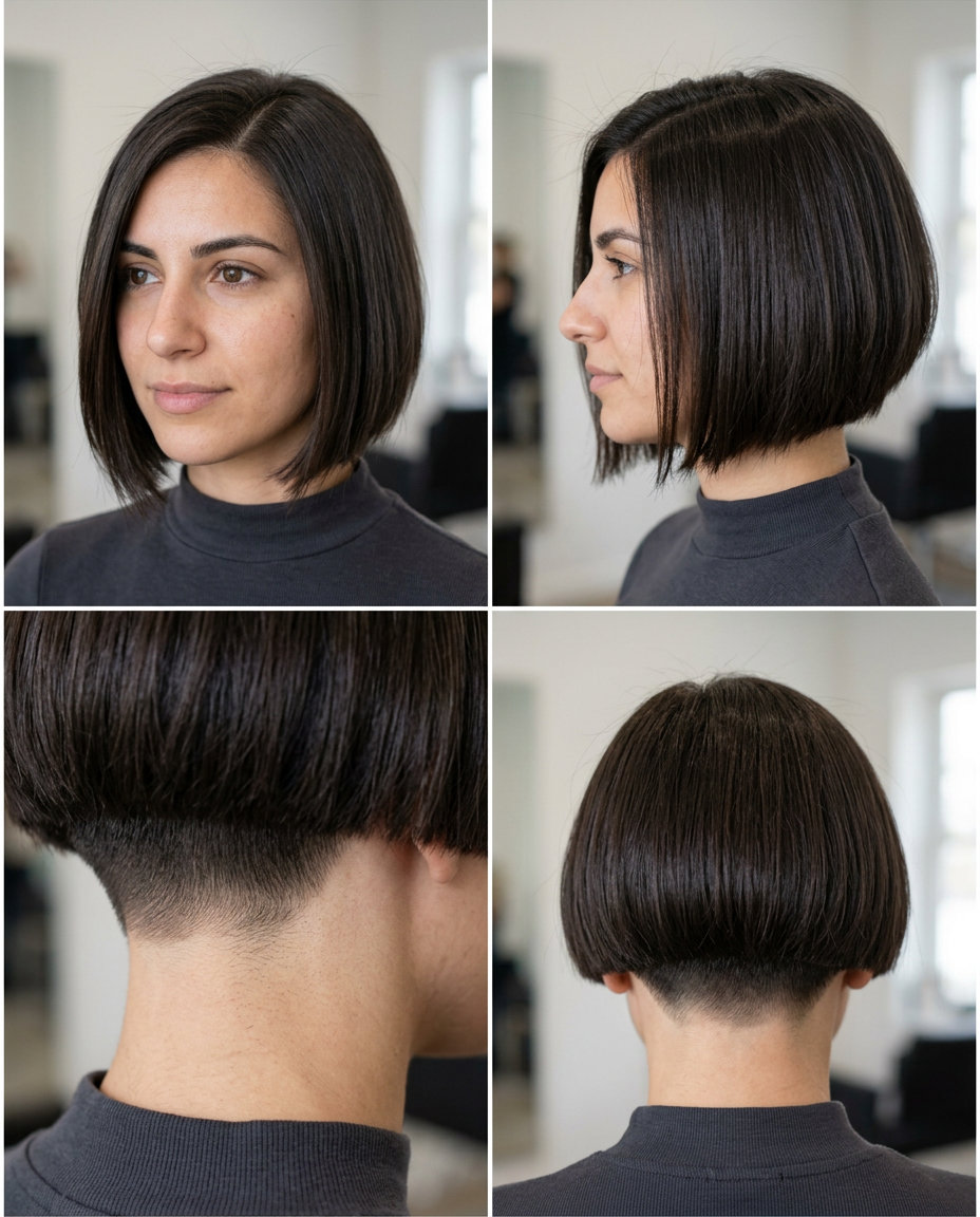 short espresso brunette bob with blunt perimeter and nape fade for edgy weekend