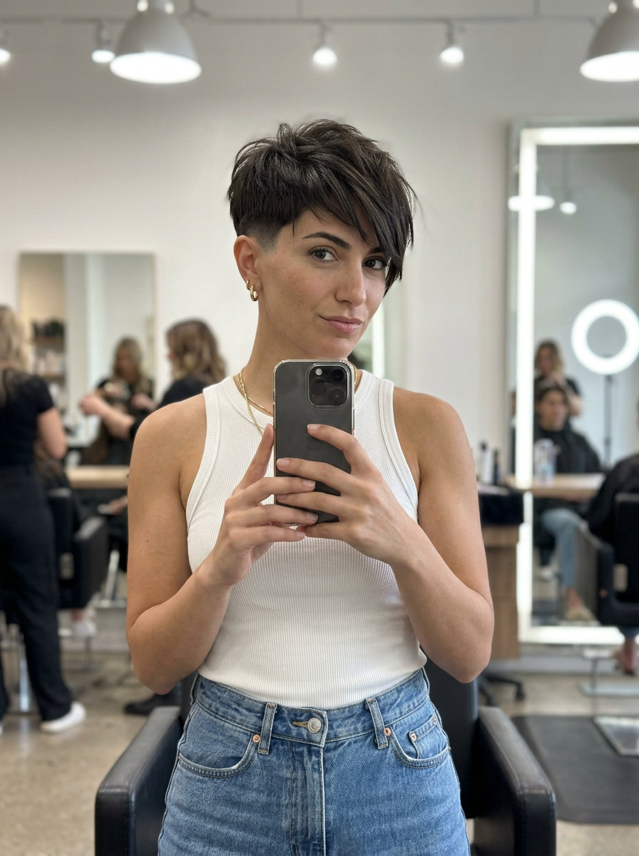 short espresso crop haircut with a sharp taper and swept fringe for summer