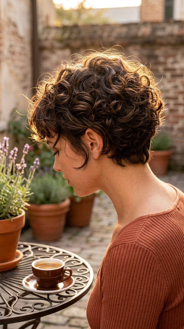 Sculpted Curl Pixie 2026 short rich espresso pixie haircut with sculpted curls and airy wispy bangs for playful summer