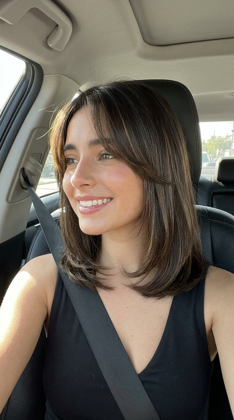 shoulder-length espresso lob with caramel babylights and soft curtain bangs for summer