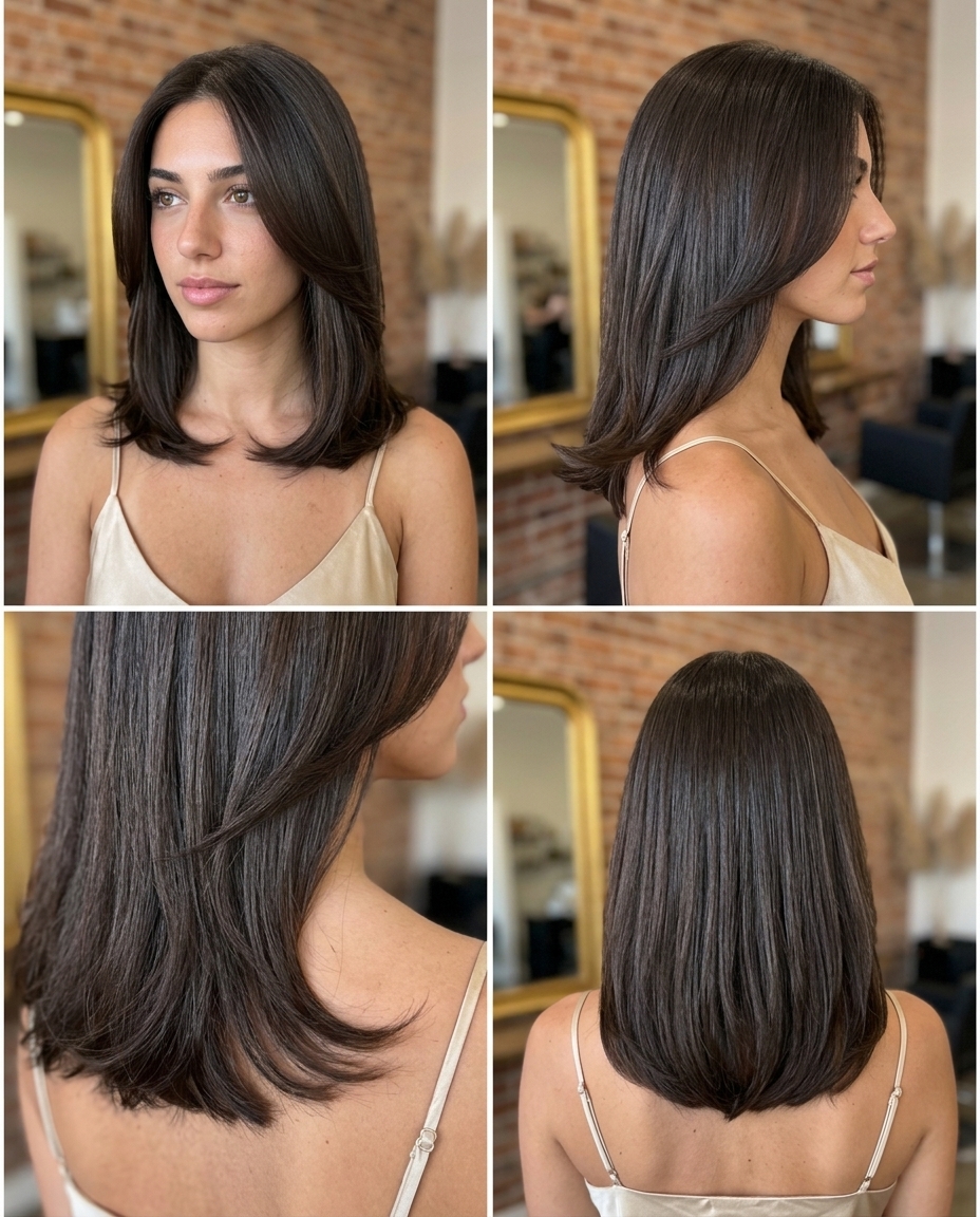 shoulder-length espresso brunette midi haircut with long layers and outward flick, curtain bangs — retro chic brunch