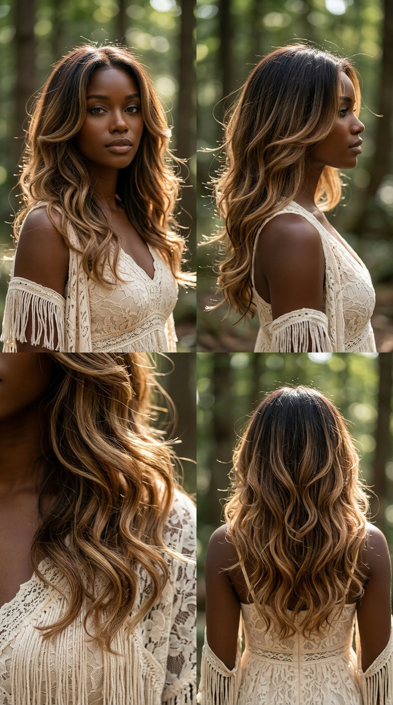 Ombré Cascade 2026: Romantic Wedding Guest Hairstyle long ombré cascade in espresso to golden blonde with soft seamless layers for wedding guest