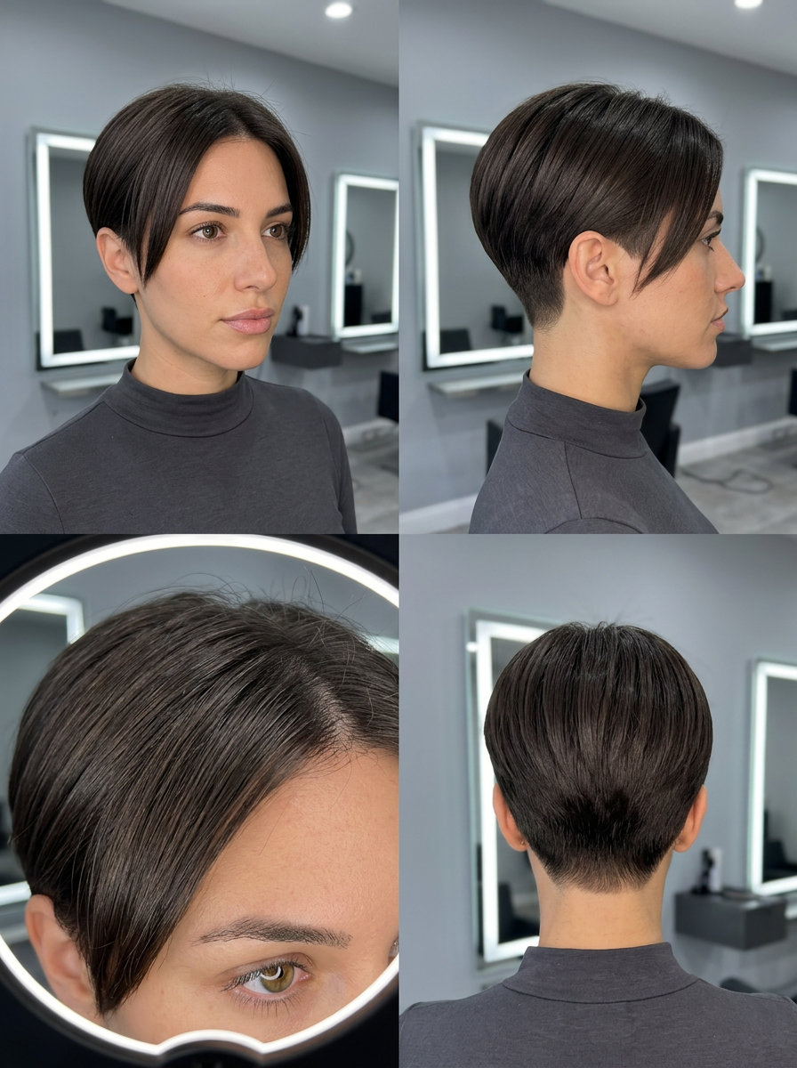 Espresso Fade Pixie: Very Short Haircut 2026 very short pixie haircut in deep espresso brunette with cool undertones, clipper fade, no fringe — sophisticated